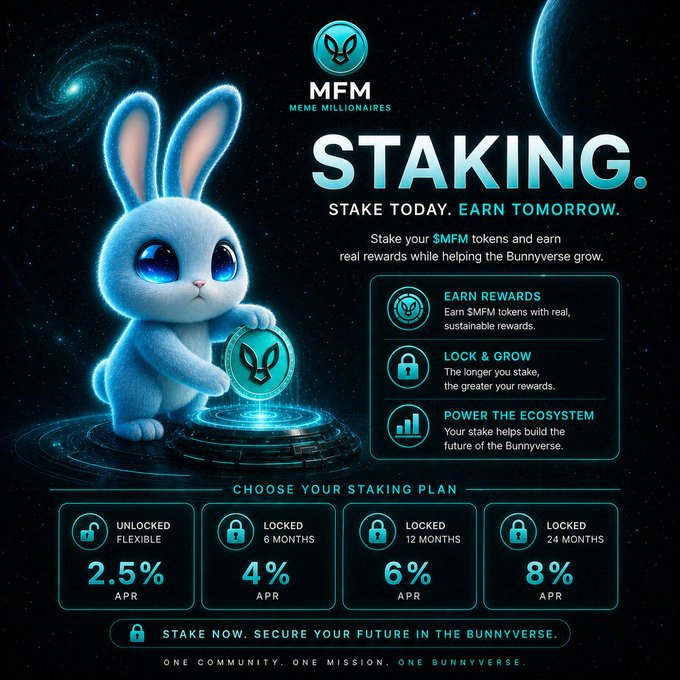A digital promotional poster for 'MFM MEME MILLIONAIRES' staking, featuring a fluffy white bunny with blue eyes holding a glowing MFM token. It advertises various staking plans with APRs ranging from 2.5% (Unlocked Flexible) to 8% (Locked 24 Months), under the slogan 'STAKE TODAY. EARN TOMORROW.'