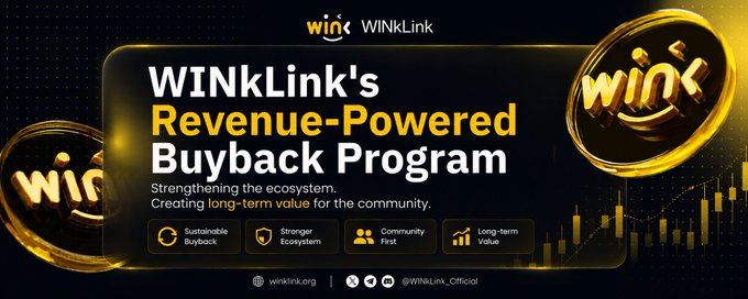 A promotional banner for WINkLink's "Revenue-Powered Buyback Program" featuring gold coin graphics and a dark background, highlighting the tagline "Strengthening the ecosystem, Creating long-term value for the community" along with four key benefits (Sustainable Buyback, Stronger Ecosystem, Community First, Long-term Value) and links to winlink.org with the handle @WINkLink_Official. The banner visually reinforces the post's message about moving beyond treasury-funded or one-off buyback initiatives toward a sustainable, revenue-driven tokenomics model that supports long-term ecosystem value.