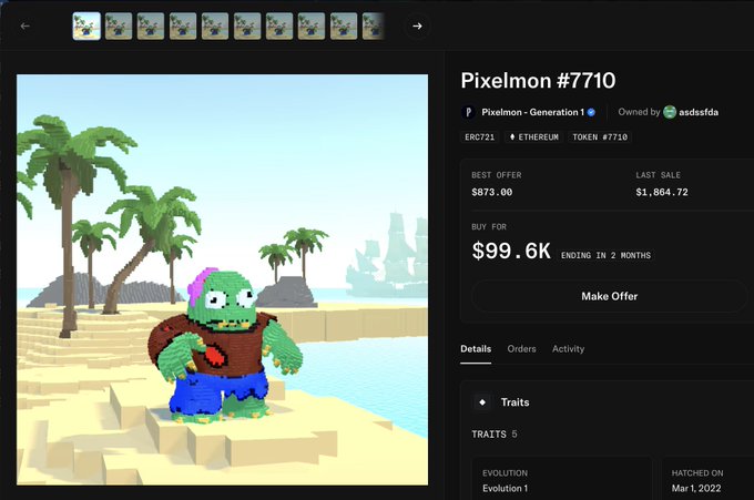 A screenshot of an NFT marketplace showing a 'Pixelmon #7710' listed for $99.6K, with a last sale price of $1,864.72, featuring a pixelated creature in a beach setting.