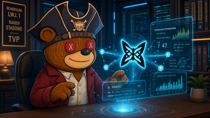 A cartoon bear dressed as a pirate captain, sporting a tricorne hat and X-marked eye patches, sits at a desk reviewing scheduling optimization data on a glowing holographic butterfly interface, with visible panels showing metrics like "SCHEDULING OPTIMIZATION," "7 47," and "CAPACITIE" alongside the "TVP" logo. The whimsical, cyberpunk-styled image playfully represents the Quip Network's $QUIP token, illustrating the post's theme of testing the platform's hybrid GPU scheduling and verification system that seamlessly allocates computing capacity from mixed hardware.