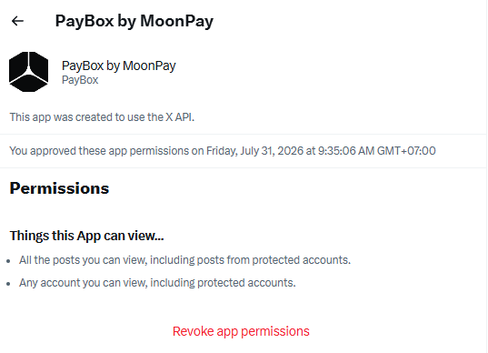 A Twitter/X app permissions page for 'PayBox by MoonPay' showing it was created to use the X API with permissions to view posts and accounts, including protected ones.