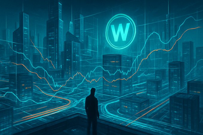 A silhouetted figure overlooks a futuristic neon-blue cityscape featuring a glowing "W" logo and orange/cyan chart lines, visually representing the World Foundation's $53 million WLD token sale led by Pantera. The imagery reinforces themes of financial growth and blockchain innovation highlighted in the post.