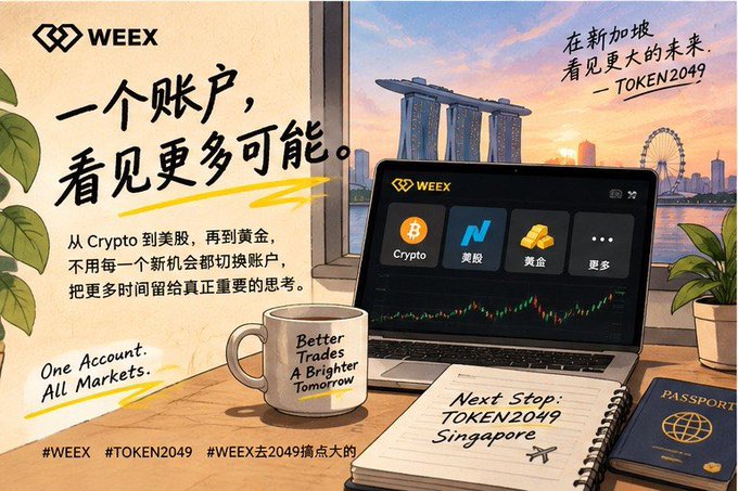 The image is a promotional advertisement for WEEX, featuring a laptop displaying the platform's interface with categories for Crypto, US Stocks (美股), Gold (黄金), and More (更多), set against a sunset view of Singapore's Marina Bay Sands. The ad's text reads "一个账户，看见更多可能" (One Account, More Possibilities) and "One Account. All Markets," promoting WEEX as a multi-asset trading platform with hashtags #WEEX #TOKEN2049.

The caption relates to the accompanying post by highlighting WEEX's strength during volatile markets, emphasizing its comprehensive trading features across crypto, stocks, and gold, positioning it as a reliable all-in-one platform—aligned with the poster's message of "seeing more possibilities with one account."