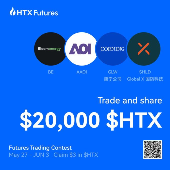 The image is a promotional poster for an upcoming trading contest called Futures Trading Contest. It is a blue and white advertisement that announces $20,000 will be awarded to whoever participates in this trading contest. The poster shows a logo of four circles with different colors on them - black, blue, green, and red. Each circle represents a company or ETF represented by the text below it: 
1. Bloom Energy (black) 
2. AOI (blue) 
3. Corning (red) 
4. GLW (green)