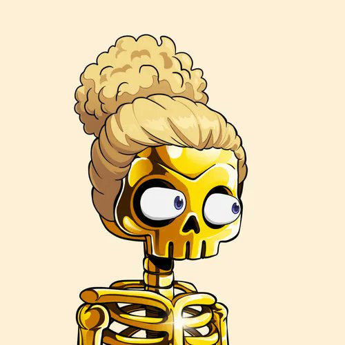 A cartoon illustration of a golden skull with a high blonde beehive updo hairstyle against a cream background.