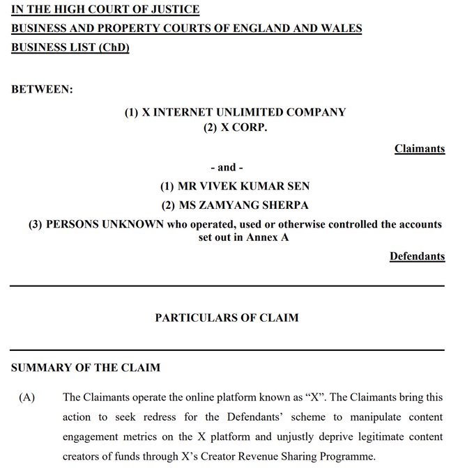 The image shows the cover page of a UK High Court claim filed in the Business and Property Courts by X Internet Unlimited Company and X Corp. against Mr. Vivek Kumar Sen, Ms. Zamyang Sherpa, and unknown persons operating accounts listed in Annex A, alleging manipulation of engagement metrics to fraudulently obtain creator revenue from X's platform.