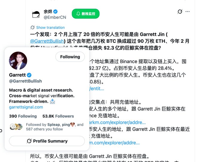 The image shows a Twitter post with a screenshot of a page that has Chinese characters displayed, along with some text written in English. The post includes a profile picture of a person named Garrett Bullish, who is a user of the platform. The post also mentions an article about Bitcoin and its impact on the market.