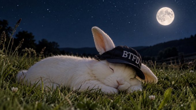 A white baby goat sleeps peacefully in the grass at night wearing a black 'BTFD' cap under a full moon and starry sky.