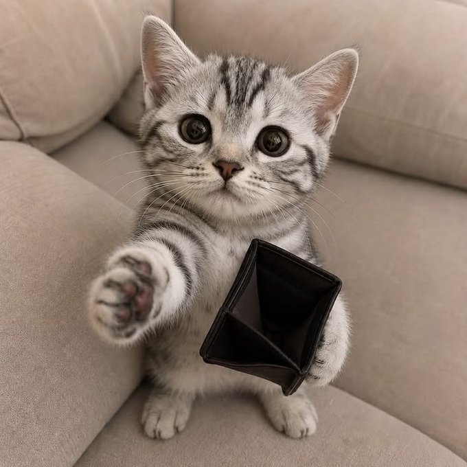 An adorable gray tabby kitten sitting on a couch while reaching out a paw and holding an open, empty black wallet.