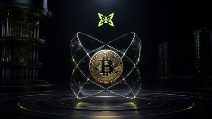 The image features a large, shiny gold Bitcoin coin placed inside a transparent glass box with a butterfly design on top. The butterfly is positioned above the Bitcoin coin, creating an interesting visual effect. The background of the image consists of black and yellow colors, which further emphasizes the prominence of the Bitcoin coin within its container. The text "Good morning, fam I see big companies like Google and Coinbase have started talking about post-quantum computing issues" suggests that this scene is related to a discussion or event involving Bitcoin and technology.