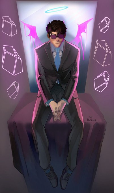 A digital illustration shows a man in a dark suit and sunglasses sitting on a throne-like chair, flanked by glowing pink angel wings, a halo above his head, and floating geometric crystals—signed "by Ratius." The imagery aligns with the post's theme of @NoxxW3 being "ready" and the community's hunger for more content from the SeismicSys team.