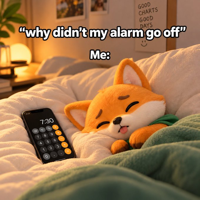 A cute, sleepy Shiba Inu plushie lies in bed next to a phone displaying a calculator app showing "7:30," with overlaid text reading "why didn't my alarm go off" and "Me:" — humorously illustrating the post's joke about math failing that morning.