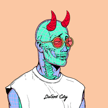 A digital illustration of a green skull-like humanoid with red devil horns, round red-tinted sunglasses, and a white t-shirt reading 'DaGod City' against a peach background.