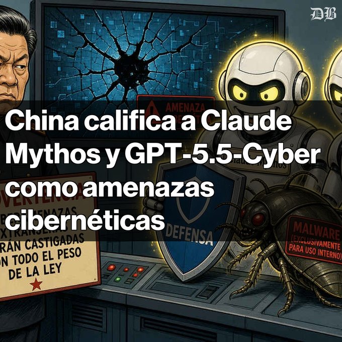 A digital illustration of a cracked screen, robots, and a bug-like creature with text overlay reading 'China califica a Claude Mythos y GPT-5.5-Cyber como amenazas cibernéticas'.