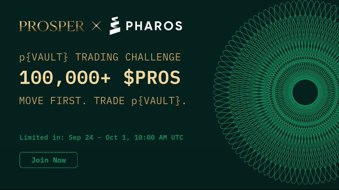 A promotional graphic for a 'PROSPER x PHAROS p$VAULT} TRADING CHALLENGE' offering '100,000+ $PROS', with text 'MOVE FIRST. TRADE p$VAULT}.' and 'Limited in: Sep 24 - Oct 1, 10:00 AM UTC' alongside a green spiral design.