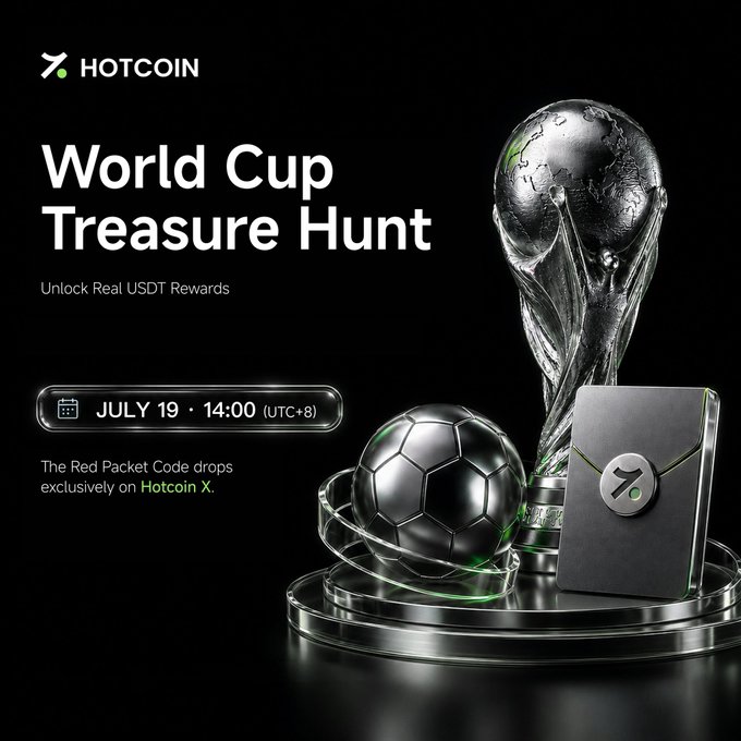 The image is a promotional graphic for Hotcoin's "World Cup Treasure Hunt," featuring a soccer ball and trophy alongside the Hotcoin X logo, with text announcing "Unlock Real USDT Rewards" and the event date "JULY 19 · 14:00 (UTC+8)" to support the post's call-to-action about the exclusive Red Packet Code drop on Hotcoin X.
