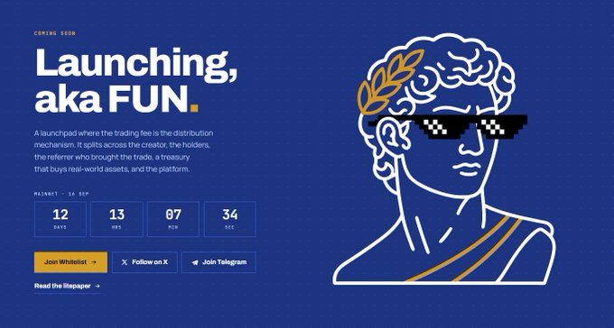 A launchpad website banner titled 'Launching, aka FUN' with a countdown (12 days, 13 hrs, 07 min, 34 sec), featuring a Greek statue illustration wearing pixel sunglasses, with 'Join Whitelist', 'Follow on X', and 'Join Telegram' buttons.