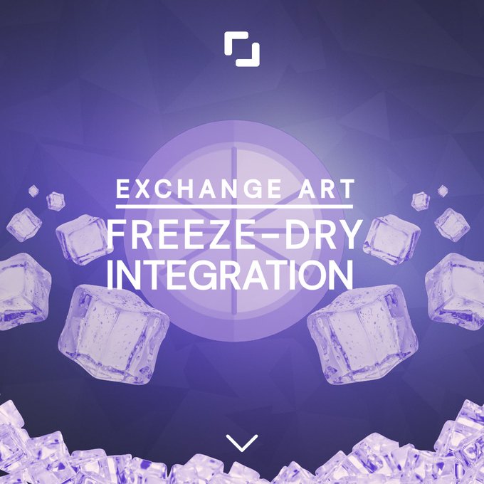 The image features a purple background with white text that reads " Freeze Dry Integration" followed by a list of items, including "Freeze dry art", "Freeze dry integration", and "Freeze dry preservation". The objects are depicted as ice cubes scattered across the scene.
