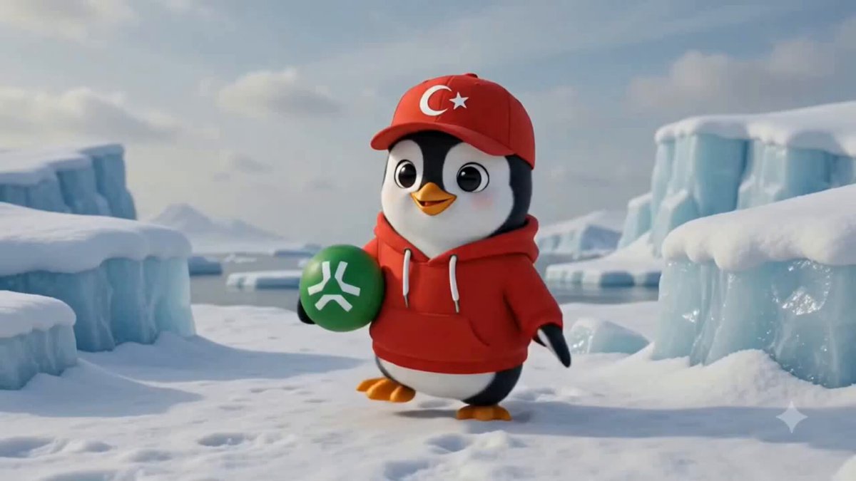 The image features a cartoon penguin wearing a red jacket and a white hat with a green star on top, standing on snow-covered ground next to an iceberg. The penguin has a ball in its beak and appears to be holding onto it. In the background, there is a text that reads "We compiled the Week 70 @AbstractChain journey of some members from the Turkish community into a video. Together, we build, learn, have fun, and grow." This suggests that the image is related to an advertisement or promotional material for the week's content.