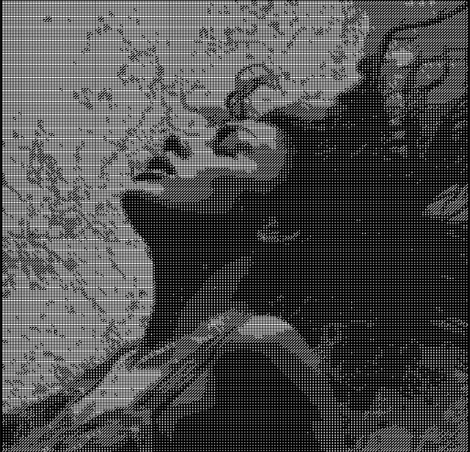 A heavily dithered, grainy black-and-white image showing a child's face partially obscured by dark, pixelated textures, appearing as a corrupted or stylized digital photo.