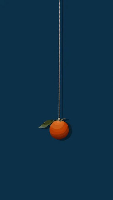 A digital illustration of a small orange fruit with a green leaf hanging from a thin string against a solid dark blue background.
