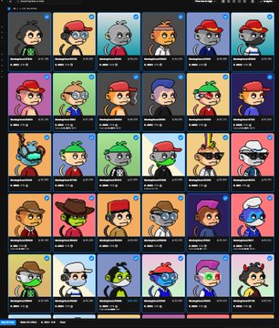 The image displays a 5x6 grid of 30 colorful monkey NFT character portraits with various traits, hats, and accessories, each listed with a number and rarity percentage, which the accompanying post references as "30 NFT" swept from @MonkeyHoodNFT to be sent to their newly opened "Alpha Club fund."