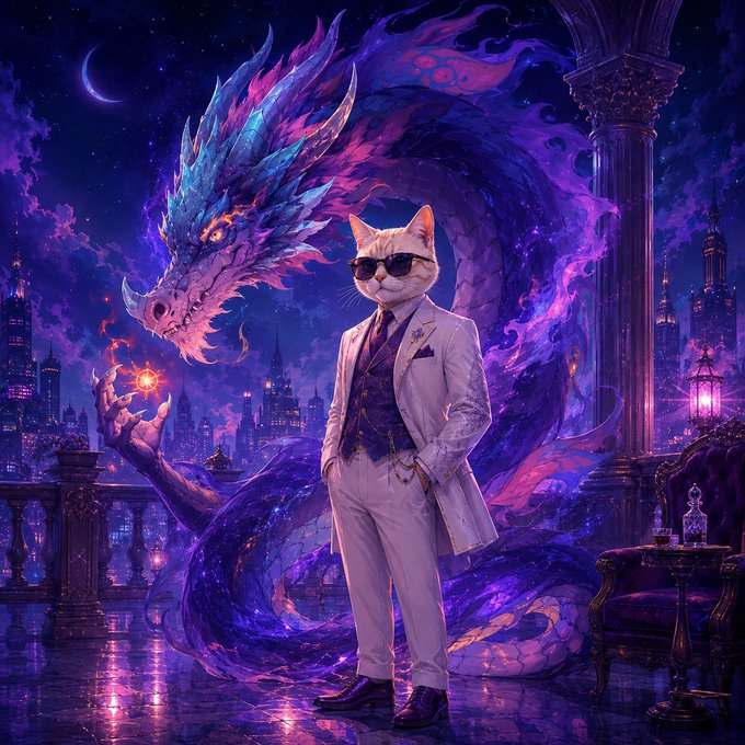 A vibrant fantasy digital artwork depicting a white cat in a sharp suit and sunglasses standing in front of a massive purple and blue dragon, with a glowing orb in the dragon's hand and a stylized cityscape in the background.