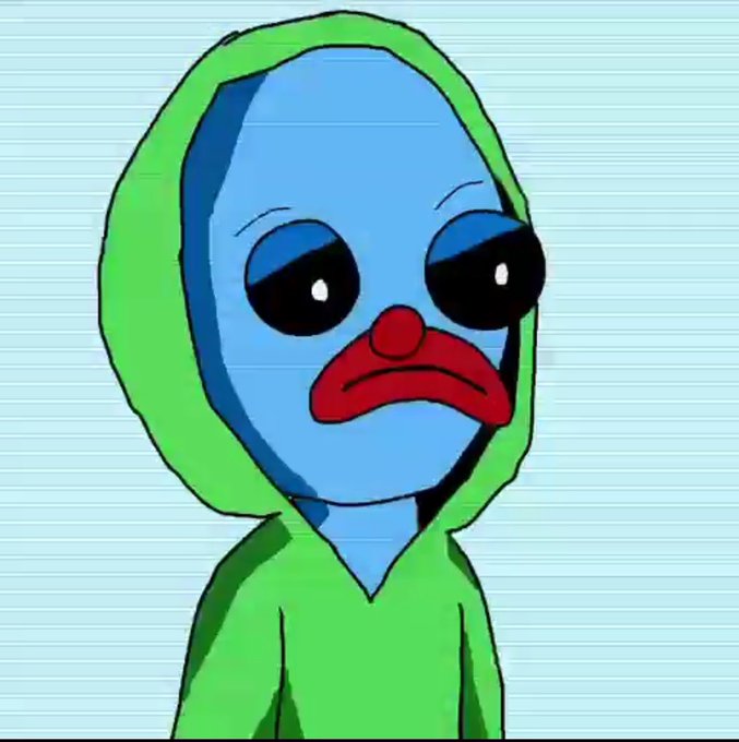 A cartoon drawing of a sad-looking figure with blue skin, large black sunglasses, a red clown-like mouth, and a green hooded outfit. The image appears to be a meme-style illustration often used as a profile picture or mascot in crypto communities, matching the tone of the promotional post inviting users to follow the OZZLAB trading channel.