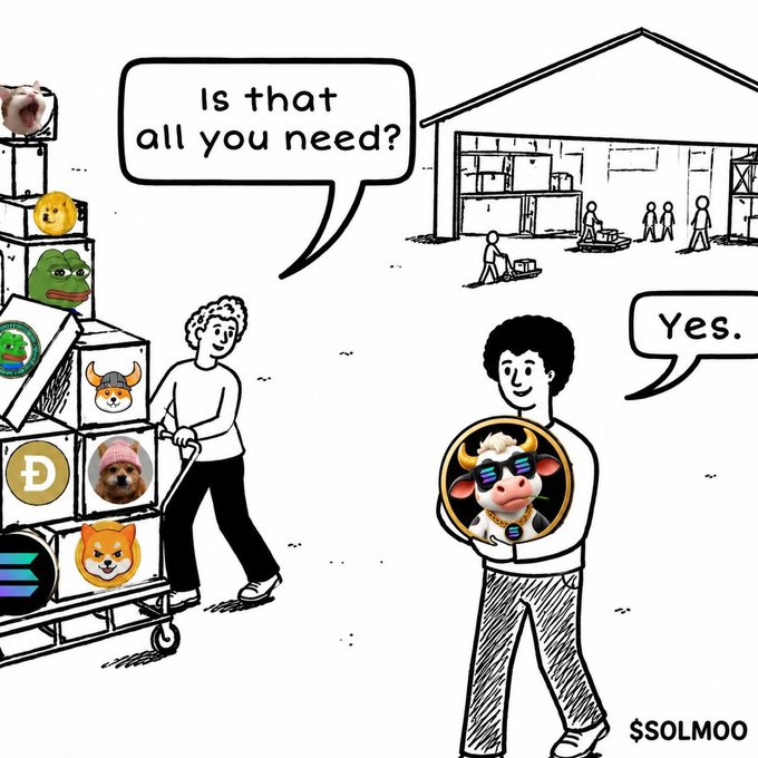 Black and white cartoon illustration by $SOLMOO showing one character pushing a cart of meme coin logos (PEPE, DOGE, SHIB, etc.) asking 'Is that all you need?' while another character holding a cow meme coin replies 'Yes.'