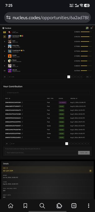 A mobile screenshot of nucleus.codes showing a blockchain contribution dashboard with account lists, profit type entries marked as Post/Pool, and USD balance details showing 40,124.3596.