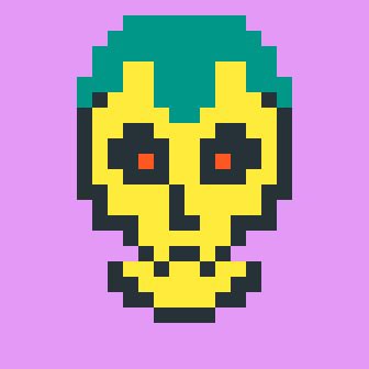 A pixel art character with a green head, yellow face, and glowing orange eyes is set against a solid pink background.