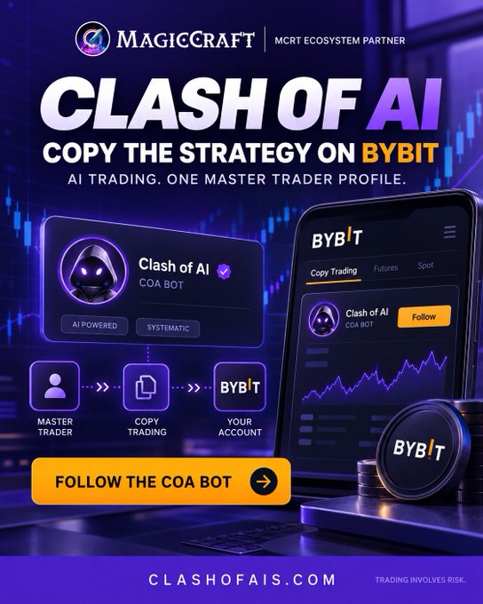 A promotional advertisement for 'MAGICCRAFT' displays 'CLASH OF AI - COPY THE STRATEGY ON BYBIT' with the URL 'CLASHOFAIS.COM' at the bottom.