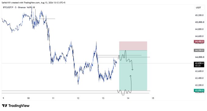 A TradingView chart of BTCUSDT.P on Binance showing price action around $63,830 with a drawn projection in green and pink boxes, created by Saifall101 on Aug 13, 2026.