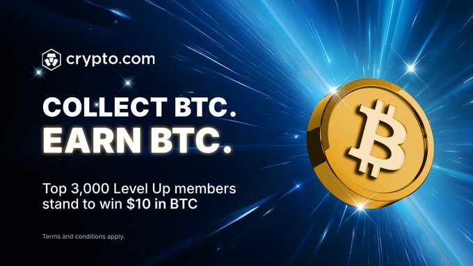 A Crypto.com promotional banner featuring a gold Bitcoin coin against a blue radiating background, with text reading "COLLECT BTC. EARN BTC." and "Top 3,000 Level Up members stand to win $10 in BTC," directly illustrating the post's offer for top members to earn Bitcoin rewards through the Level Up program.
