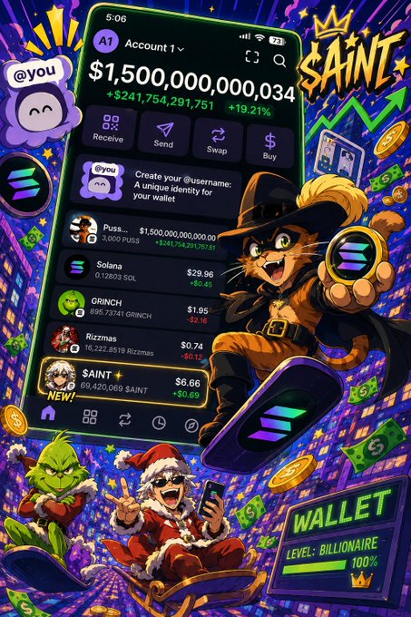 A vibrant crypto wallet app called "$AINT" displays a balance of $1,500,000,034 with various tokens like PUSS, Solana, GRINCH, and Rizzmas, alongside festive cartoon mascots promoting an engagement giveaway where users share their $SOL address to potentially win rewards.