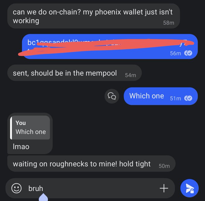 A chat message exchange where a user asks about an on-chain transaction because their Phoenix wallet isn't working; the address is redacted, and the sender responds 'sent, should be in the mempool' and 'waiting on roughnecks to mine! hold tight'.