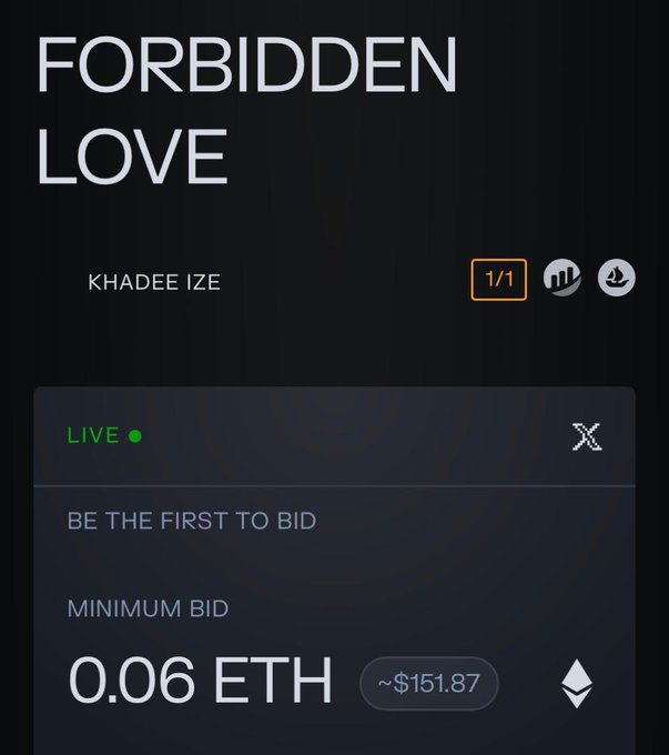 A dark-themed NFT auction interface titled 'FORBIDDEN LOVE' by creator 'KHADEE IZE', showing a live status and a minimum bid of 0.06 ETH (~$151.87).