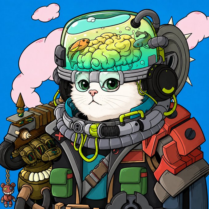 A cartoon cat character wearing a futuristic helmet with a fishbowl containing a brain and goldfish, alongside heavy mechanical armor, fits the playful, experimental crypto NFT theme of "Goose." The quirky, cyberpunk-style mascot visually reinforces the post's announcement of a free mint project with a 6,666 supply.