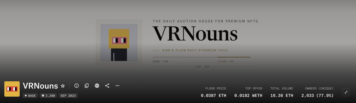 A banner for the VRNouns NFT collection displaying "THE DAILY AUCTION HOUSE FOR PREMIUM NFTS" with a floor price of 0.0387 ETH, top offer of 0.0182 WETH, and 2,633 unique owners, reflecting the project's value appreciation highlighted in the post.