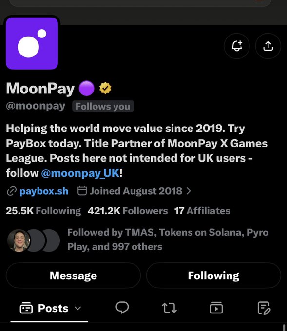 Twitter/X profile for MoonPay (@moonpay) showing 421.2K followers, bio stating 'Helping the world move value since 2019. Try PayBox today. Title Partner of MoonPay X Games League.'