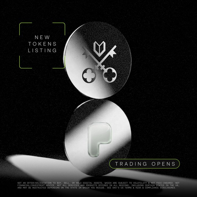 A sleek promotional graphic announces new token listings, featuring two metallic coins stacked against a dark background—the top coin displaying the Venice (VVV) logo with crossed keys and "NEW TOKENS LISTING" text, while the bottom coin showcases the PONS logo alongside a "TRADING OPENS" button, corresponding to the spot market listing of $VVV and $PONS on OKX.
