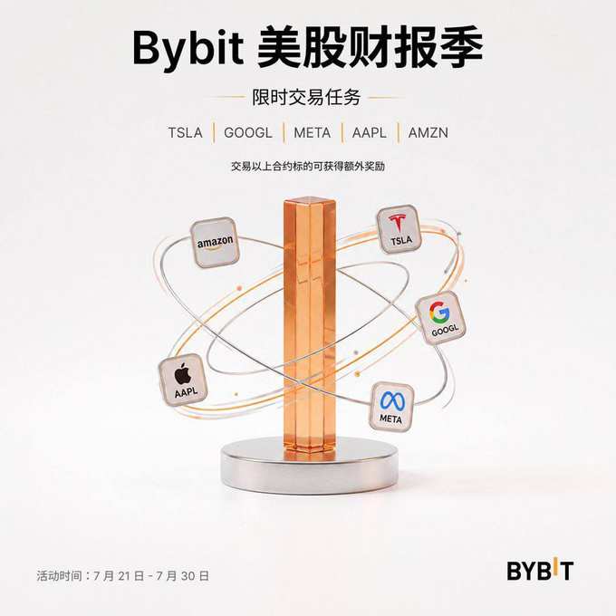 Bybit promotes a limited-time U.S. stock earnings season trading campaign (July 21-30) featuring TSLA, GOOGL, META, AAPL, and AMZN contracts, where traders can earn extra rewards by trading these tickers on Bybit. The image visually represents this through an orange crystal pillar encircled by orbital rings holding the five major U.S. tech stock logos, symbolizing the high-volatility trading opportunities during earnings season highlighted in the accompanying caption.