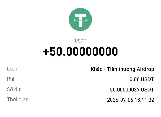 A USDT transaction receipt showing +50.00000000 USDT received as 'Tiền thưởng Airdrop' (Airdrop Bonus) on 2026-07-06 18:11:32, displayed in Vietnamese.