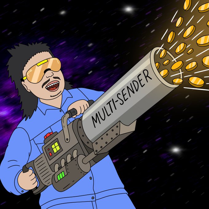 A cartoon man with long hair and yellow sunglasses gleefully fires a large futuristic gun labeled "MULTI-SENDER" that shoots out a stream of gold coins into a starry space background. The image visualizes the airdrop tool's capability to distribute tokens en masse, matching the post's message about easily sending coins like $LARRY to the Robinhood Crypto community.