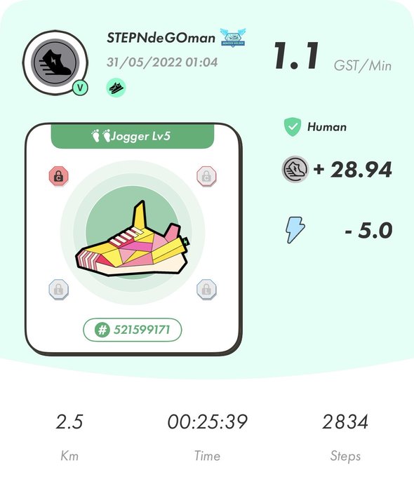 The image shows a fitness tracking app with a cartoon shoe as its main feature, which has been used for an exercise session. The app displays information about the user's progress, including their current time, steps taken, and distance traveled. The post in question is titled "初めてのアンコデージー回復が待ち遠しかった #STEPN". This indicates that the image was likely used as a part of a fitness challenge or promotion related to the app's features, such as the cartoon shoe.