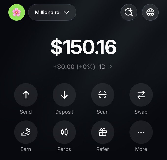 A crypto wallet dashboard shows an account labeled "Millionaire" with a balance of $150.16, displaying action buttons for Send, Deposit, Scan, Swap, Earn, Perps, Refer, and More—poking fun at the contrast between early crypto dreams of becoming a millionaire and the modest reality of holding just $150.