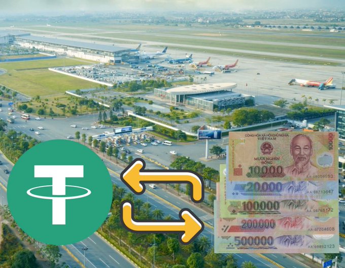 An aerial view of an airport with a Tether (USDT) logo on the left and Vietnamese Dong banknotes (10,000 to 500,000 VND denominations) on the right, connected by exchange arrows.
