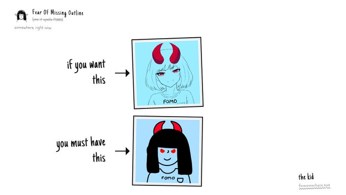 The image features a cartoon drawing of two girls with horns, one wearing a red hat and the other wearing a blue hat. The text above the drawings reads "If you want this, then you must have this." Below the drawings, there is a caption that says "Focus on what is in the image and how it relates to the post."