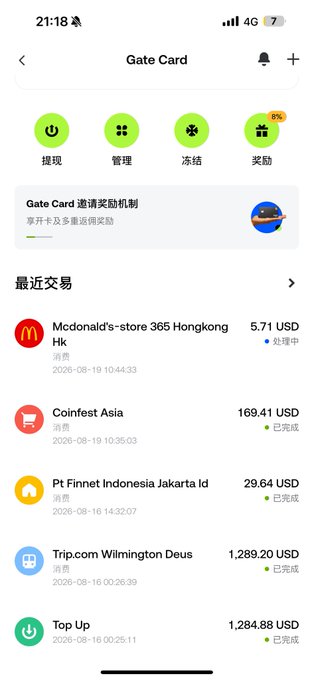 A screenshot of a 'Gate Card' mobile app interface in Chinese, showing recent transactions including McDonald's ($5.71), Coinfest Asia ($169.41), Pt Finnet Indonesia ($29.64), Trip.com Wilmington ($1,289.20), and Top Up ($1,284.88).