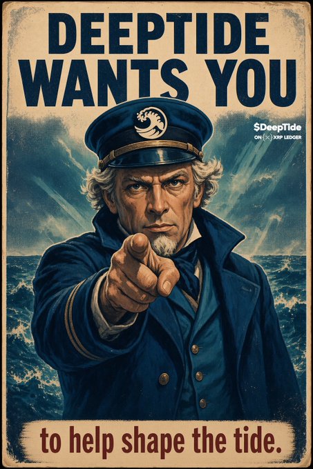 A vintage "Uncle Sam"-style recruitment poster features a stern sea captain in a blue naval cap pointing directly at the viewer, with bold text reading "DEEPTIDE WANTS YOU to help shape the tide" and a small "$DeepTide ON XRP LEDGER" logo, visually echoing the post's call for users to "enlist" their feature ideas for the project.